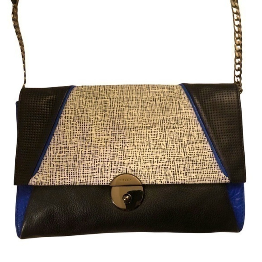 Milly leather colorblock crossbody convertible clutch bag blue black white